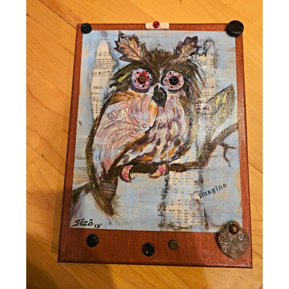 Signed Owl Art Original 2013 Mixed Media Collage on Canvas 9x12 Unframed Folk